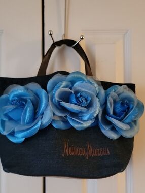 Neiman Marcus Denim Tote Upcycled With Bright Blue Floral Brooches
